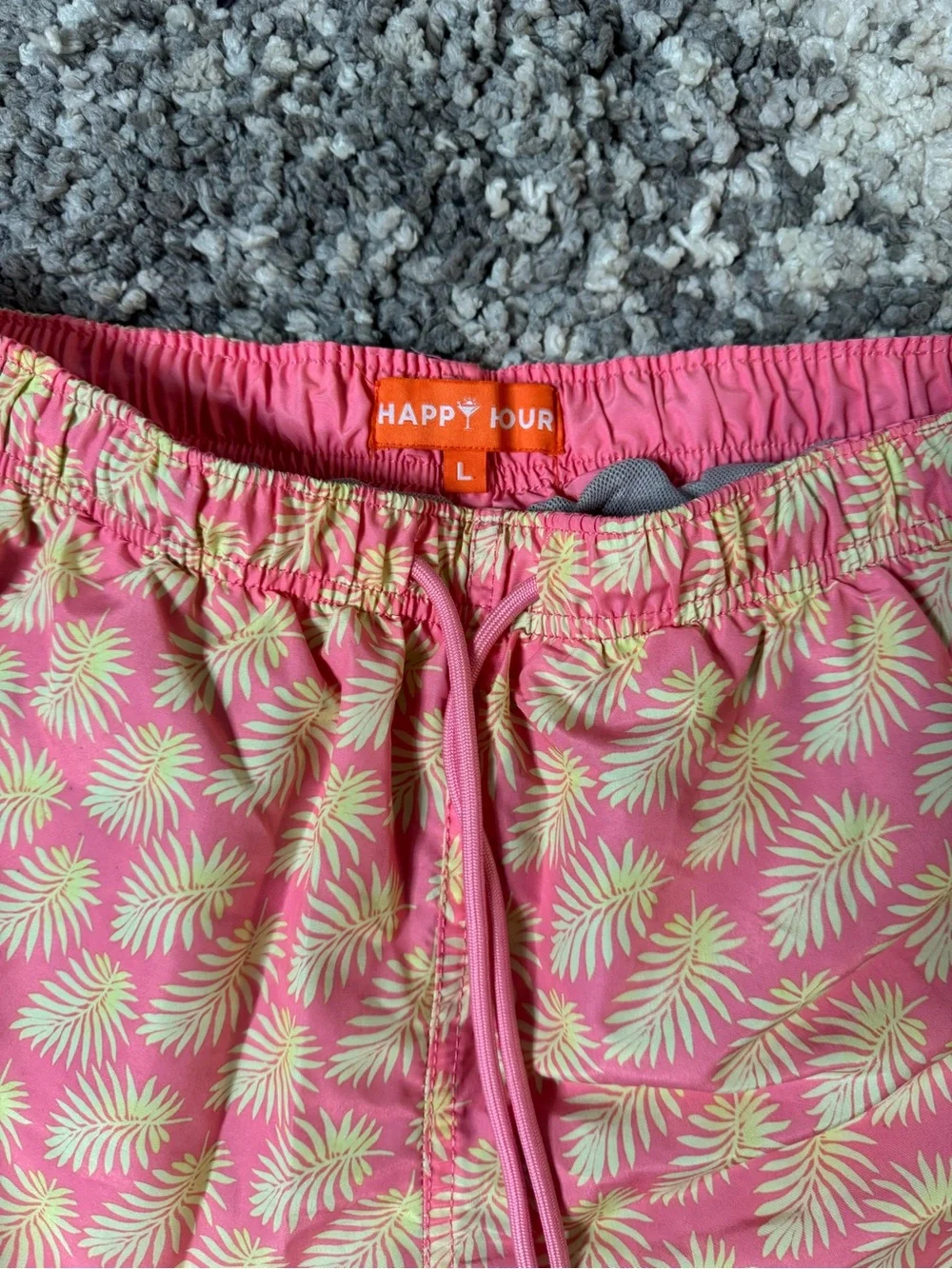 Happy Hour, Men’s Pink & Yellow Palm Leaf Print Swim Trunks Swimwear, Large